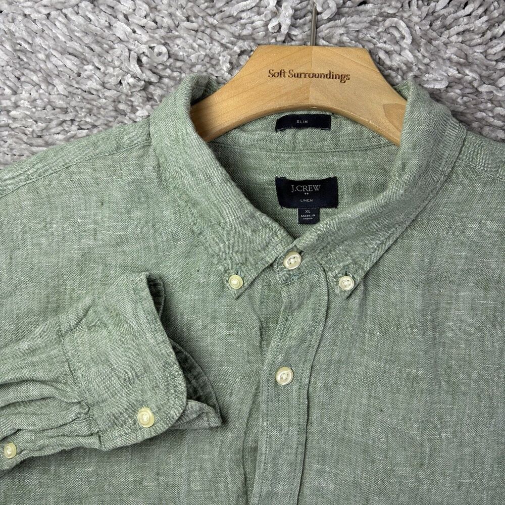 J Crew Linen Shirt Mens XL Slim Fit Long Sleeve Green Button Down Wedding Summer
